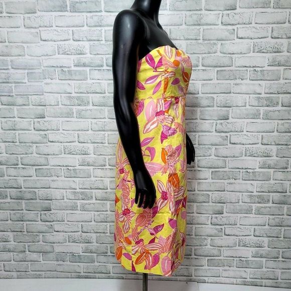 90s Lilly Pulitzer Womens 2 Floral Parrot Pattern Strapless Tie Back Midi Dress - Picture 4 of 7